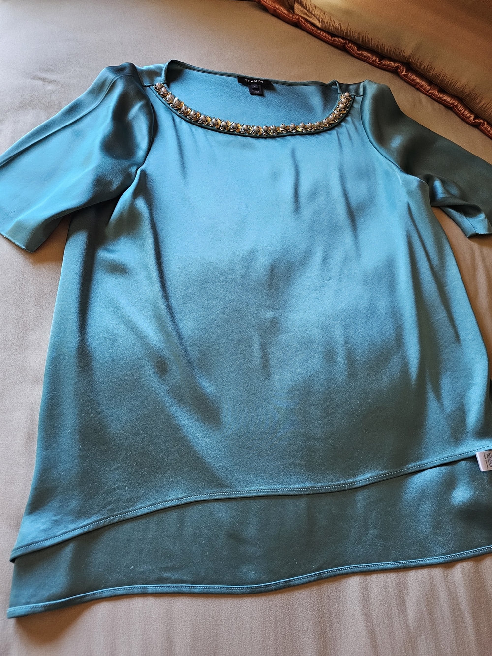 St. John Teal Jeweled Scoop-Neck Short Sleeve Tunic M Excellent